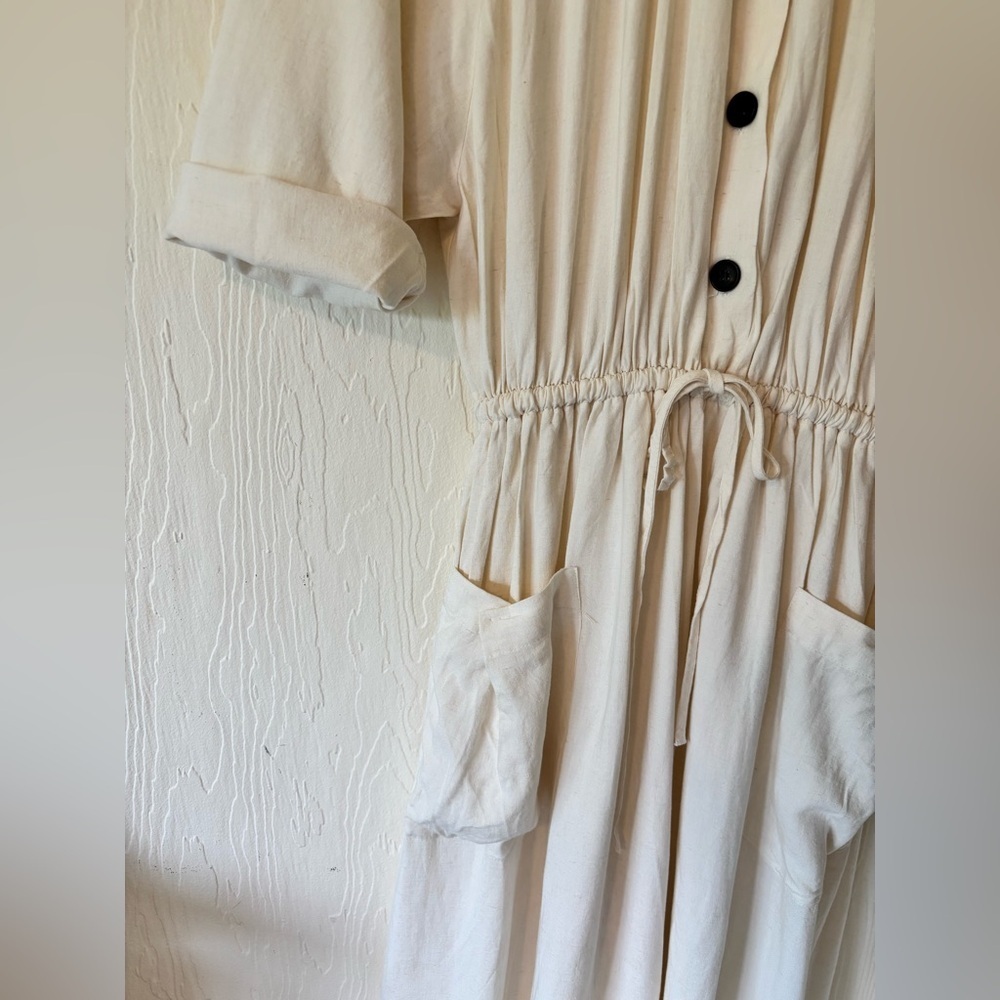 Zara Ecru Off White Cream Button Up Down Drawstring Pocket Linen Midi Dress - Picture 8 of 13